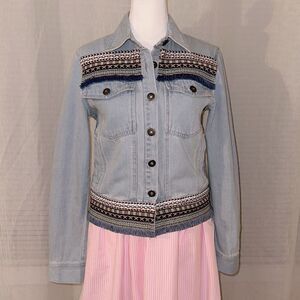 Anthropologie XS Jack by BB DAKOTA Embroidered Fringe Trim Boho Denim Jacket